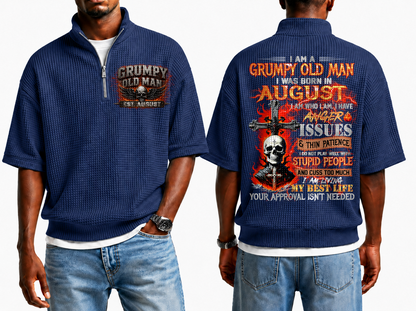 August Grumpy Old Man Skull Cross Waffle Knit Quarter-Zip Shirt For Men A09-699 (SKU2607-23-08)