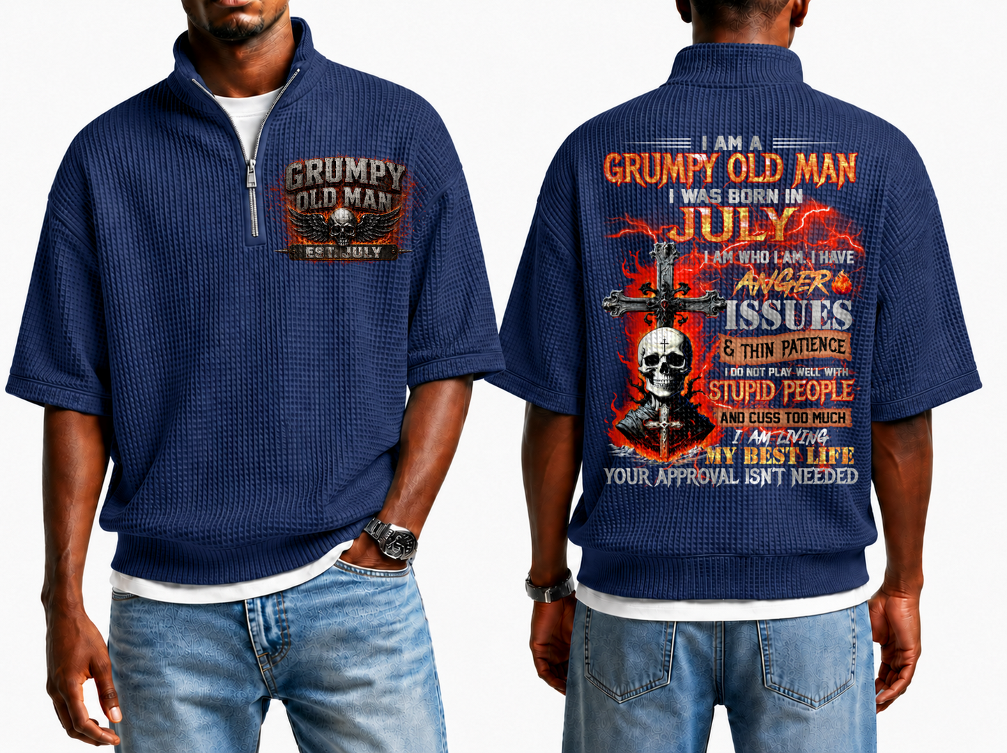 July Grumpy Old Man Skull Cross Waffle Knit Quarter-Zip Shirt For Men A09-699 (SKU2607-23-07)