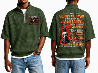 January Grumpy Old Man Skull Cross Waffle Knit Quarter-Zip Shirt For Men A09-699 (SKU2607-23-01)