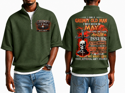 May Grumpy Old Man Skull Cross Waffle Knit Quarter-Zip Shirt For Men A09-699 (SKU2607-23-05)
