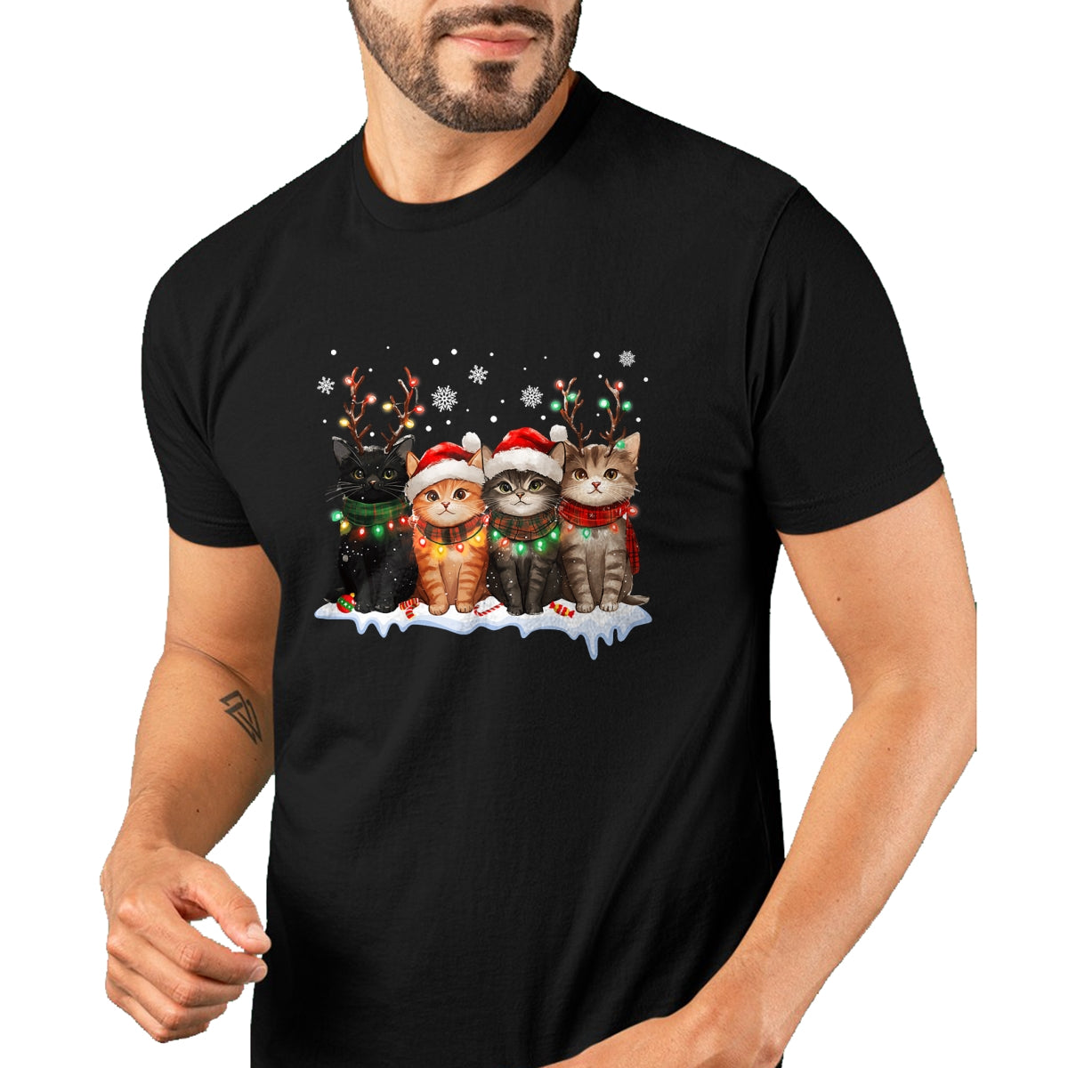 Cat Christmas Light Reindeer Santa Christmas Cat Lover T-Shirt - Christmas Unisex T-Shirt/Hoodie/Sweatshirt - HNDS00