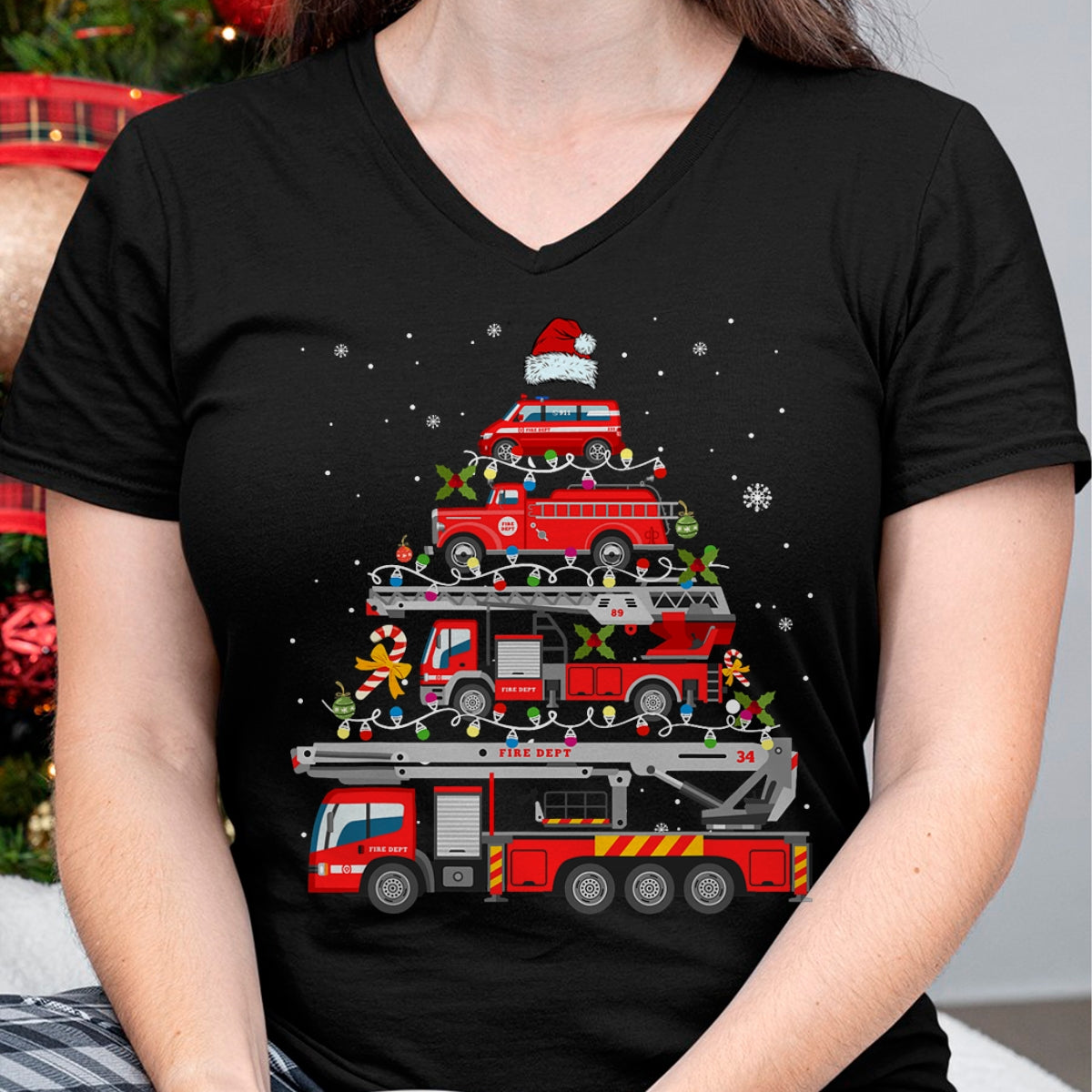 Firefighter Fire Truck Christmas Tree Lights Santa Fireman T-Shirt - Christmas Unisex T-Shirt/Hoodie/Sweatshirt - HNDS00