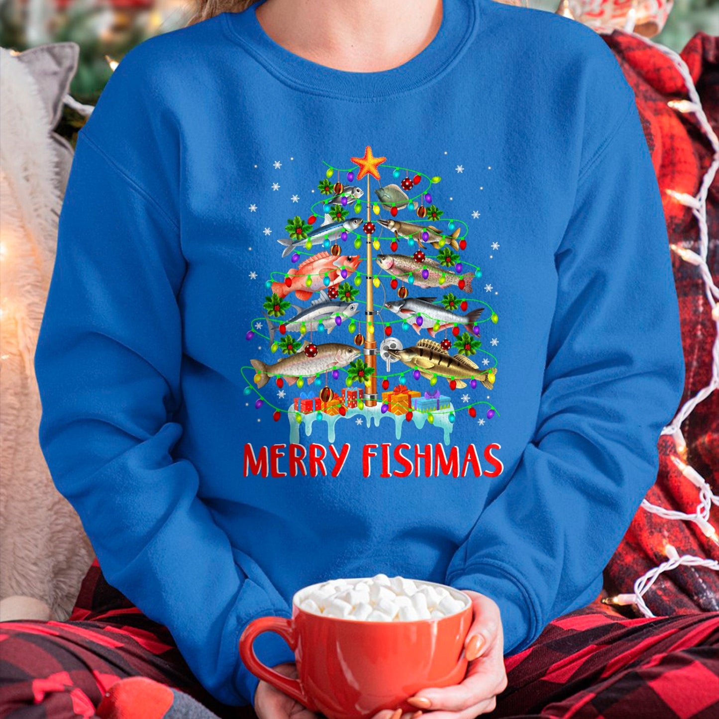Merry Fishmas Funny Christmas Tree Lights Fish Fishing Rod T-Shirt for men women (SKU-MRCM-2) FMA male