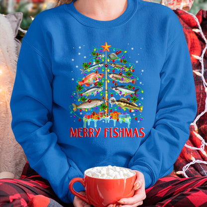 Merry Fishmas Funny Christmas Tree Lights Fish Fishing Rod T-Shirt for men women (SKU-MRCM-2) FMA male