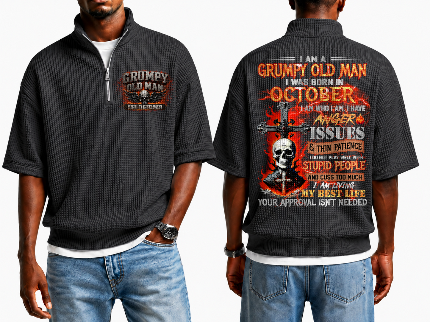 October Grumpy Old Man Skull Cross Waffle Knit Quarter-Zip Shirt For Men A09-699 (SKU2607-23-10)