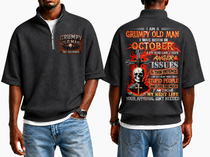 October Grumpy Old Man Skull Cross Waffle Knit Quarter-Zip Shirt For Men A09-699 (SKU2607-23-10)