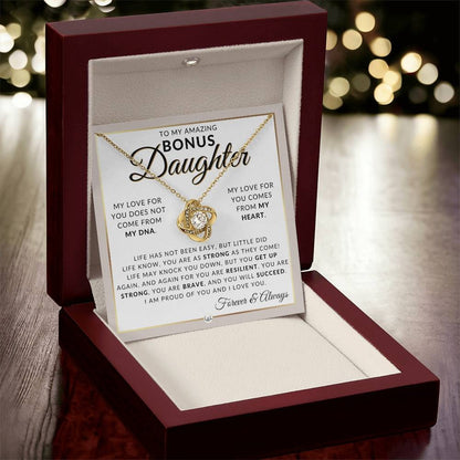TO MY BONUS DAUGHTER FROM DAD and FROM MOM "My Love For You Come From My Heart" - Premium Love Knot Necklace