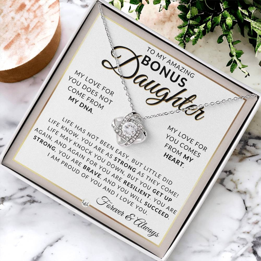 TO MY BONUS DAUGHTER FROM DAD and FROM MOM "My Love For You Come From My Heart" - Premium Love Knot Necklace