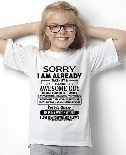 SEPTEMBER SHIRT – Sorry, I’m Already Taken by a Freaking Awesome Guy, He Is My Whole World – FROM HUSBAND TO WIFE – KATE09 (SKU26T-01271-09)