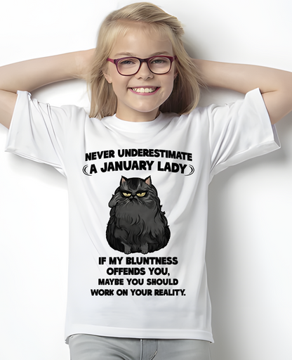 JANUARY – Never Underestimate A January Lady – Funny Cat Shirt – Sassy Women Gift – Birthday Gift Idea (SKU2603-335-01)