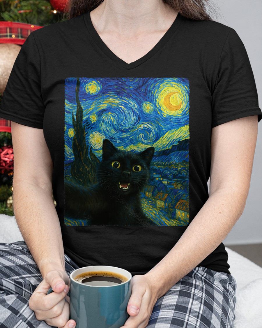 Black Cat Starry Night Van Gogh Cat Selfie Cat Mom Cat Lover T-Shirt CAT00 (SKU-TRU-ME01)