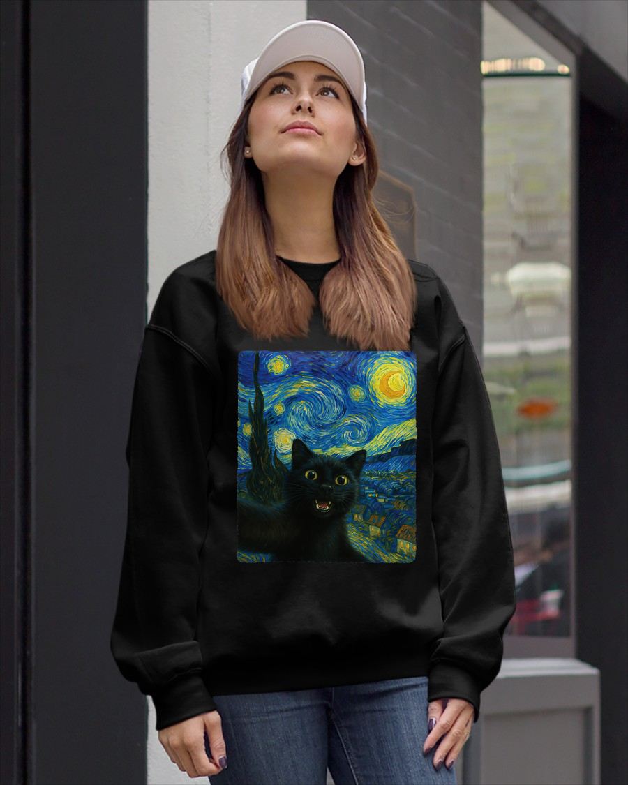 Black Cat Starry Night Van Gogh Cat Selfie Cat Mom Cat Lover T-Shirt CAT00 (SKU-TRU-ME01)
