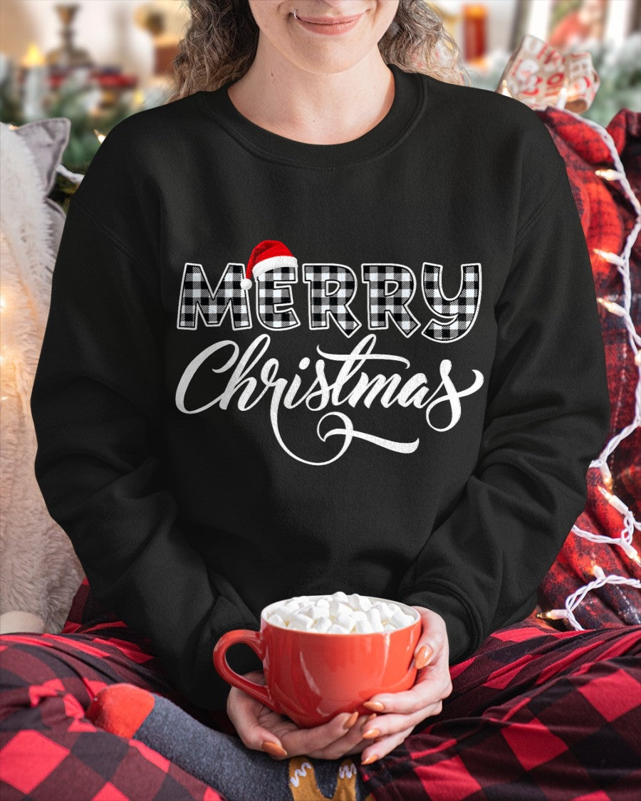 Merry Christmas Buffalo Black and White Plaid for Men Women T-Shirt (SKU-MRCM-14) FMA