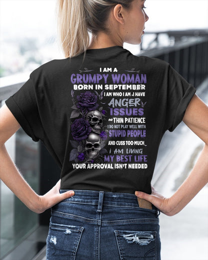 Grumpy Woman Born in September T-Shirt – Funny Skull & Rose Graphic Tee with Quotes - KATE09 FMA (SKU10-08-09)