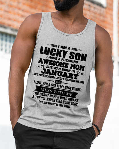 JANUARY – Lucky Son Awesome Mom Born In January – From Mom To Son – Birthday Gift For Son – Family Shirt (SKU2603-318-01)