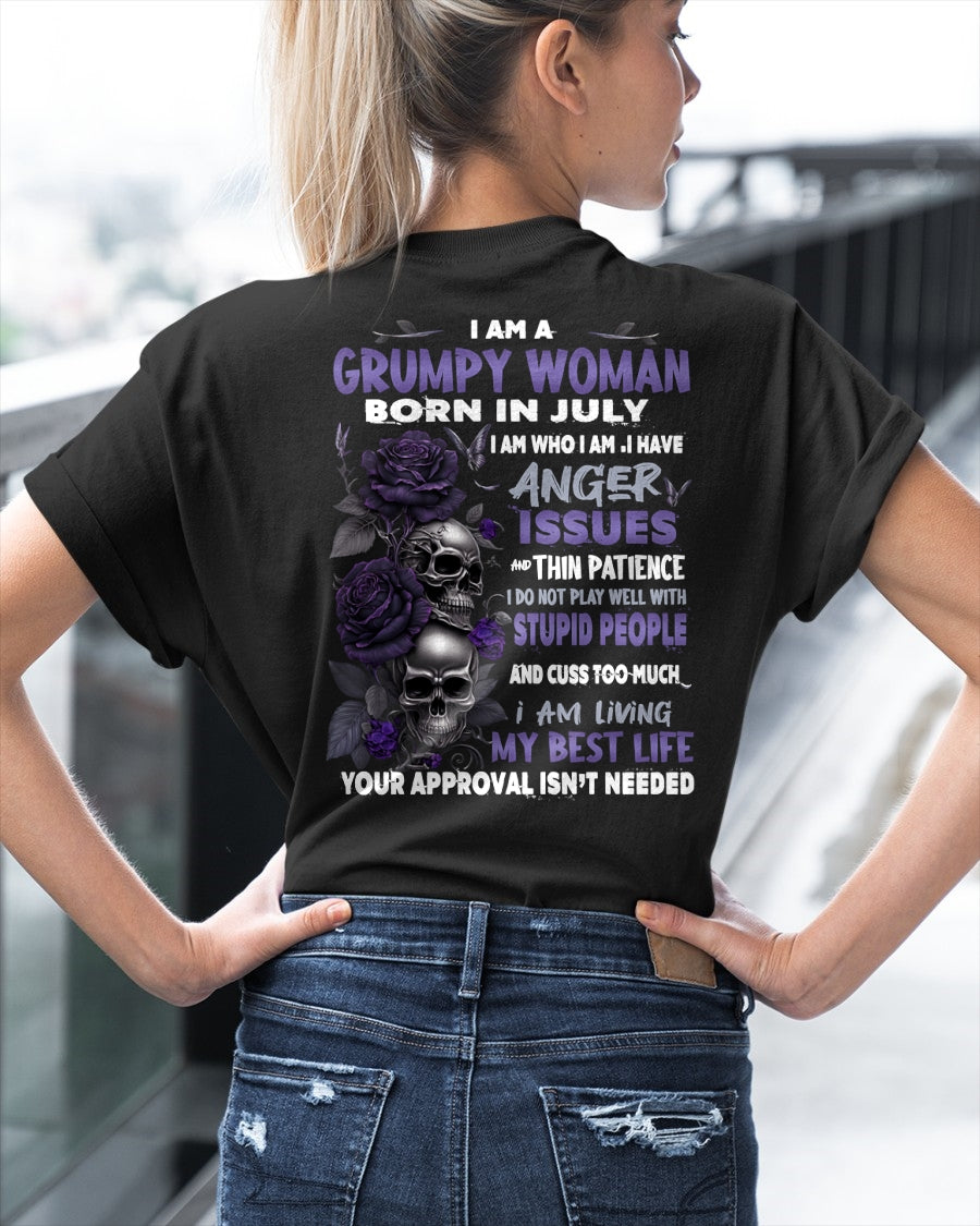 Grumpy Woman Born in July T-Shirt – Funny Skull & Rose Graphic Tee with Quotes - KATE07 FMA (SKU10-08-07)