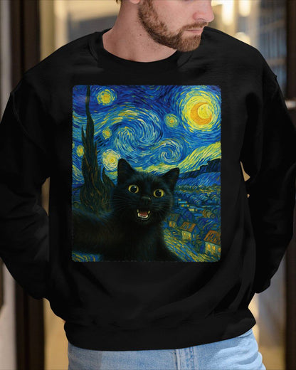 Black Cat Starry Night Van Gogh Cat Selfie Cat Mom Cat Lover T-Shirt CAT00 (SKU-TRU-ME01)