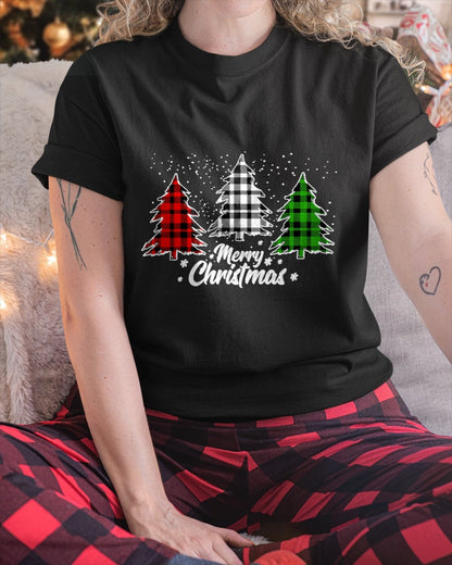 Merry Christmas Tree Xmas Buffalo Plaid Red White Green T-Shirt (SKU-MRCM-22) FMA