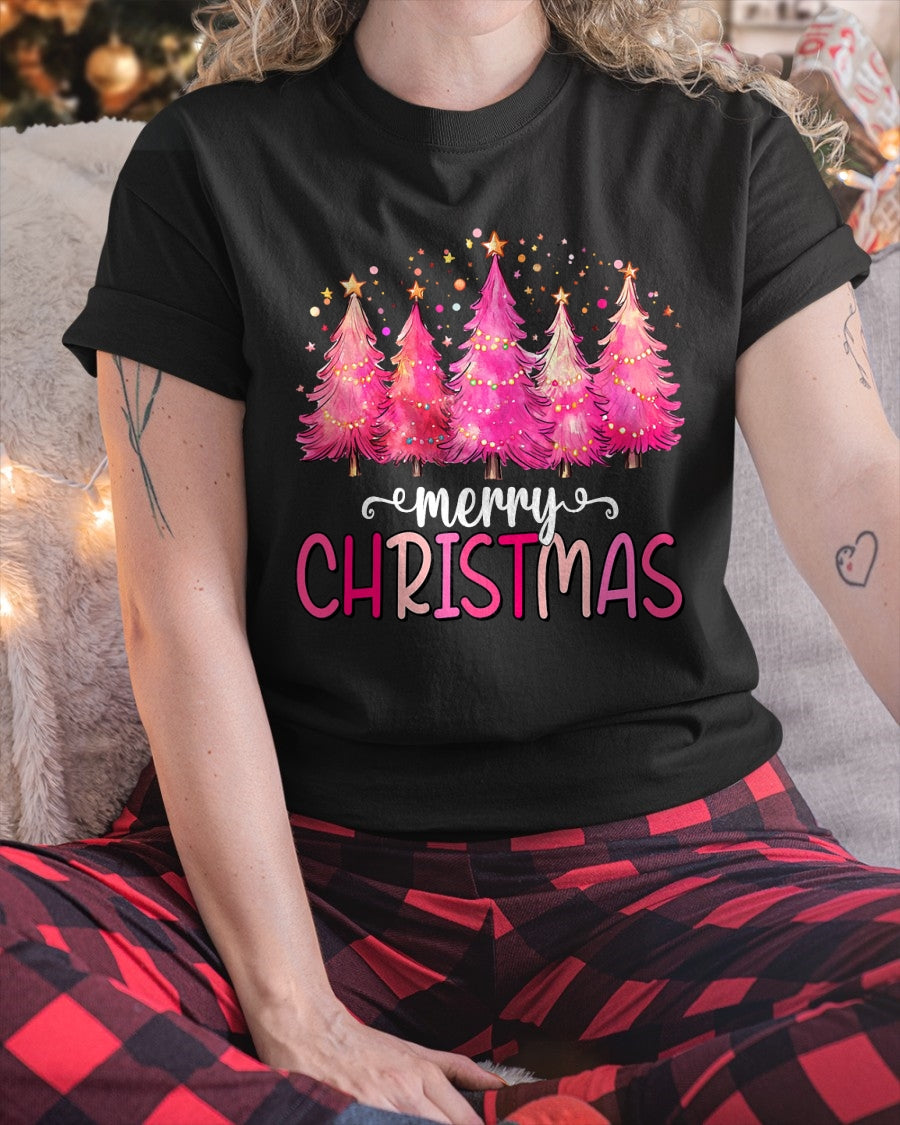 Merry and Bright Pink Christmas Tree Pink Christmas Tree T-Shirt (SKU-MRCM-12) FMA