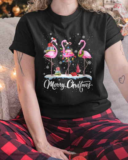 Merry Christmas Hat Santa Flamingo Light Christmas Snow Xmas T-Shirt (SKU-MRCM-19) FMA
