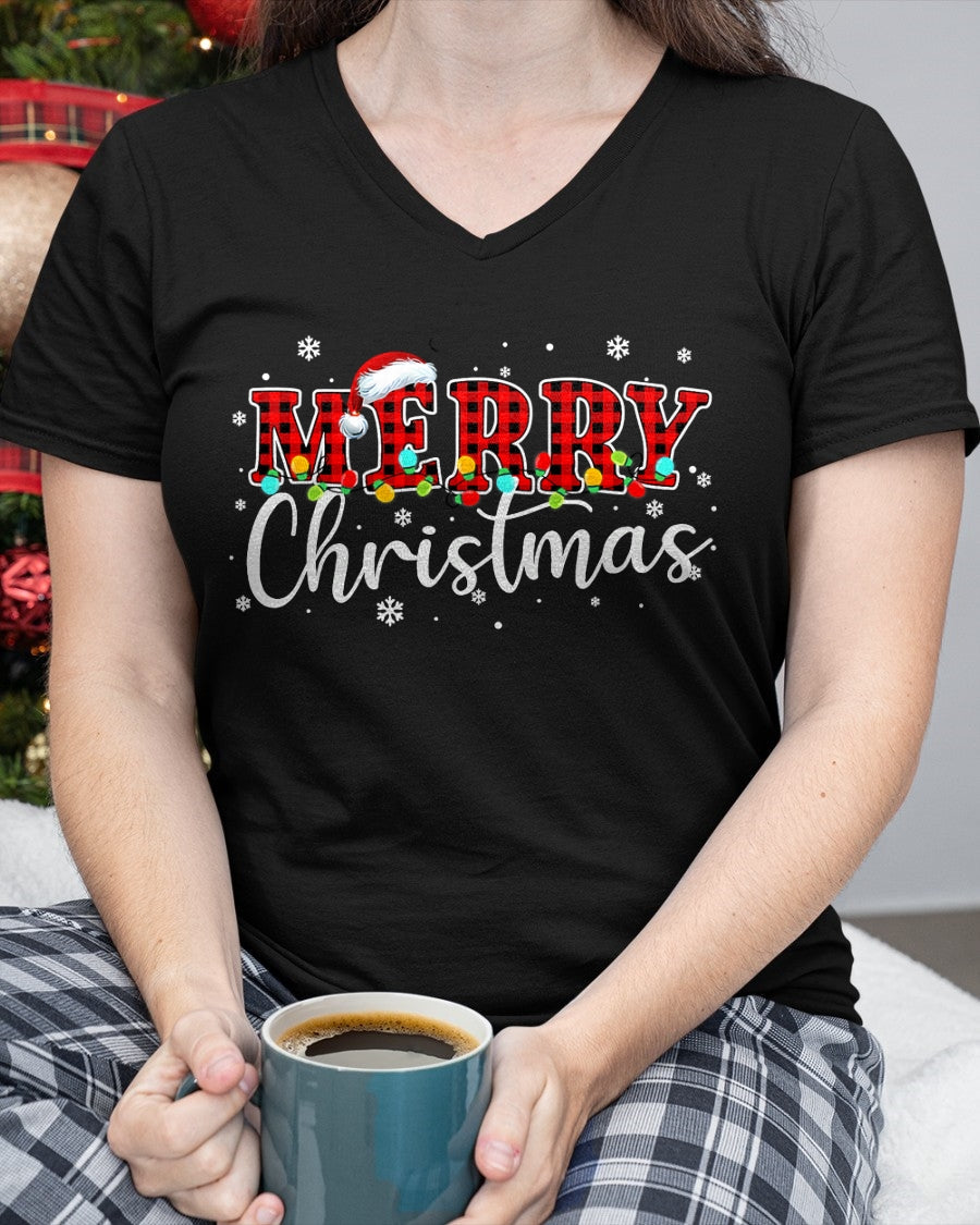 Merry Christmas Buffalo Plaid Red Santa Family Xmas Pajamas T-Shirt (SKU-MRCM-15) FMA