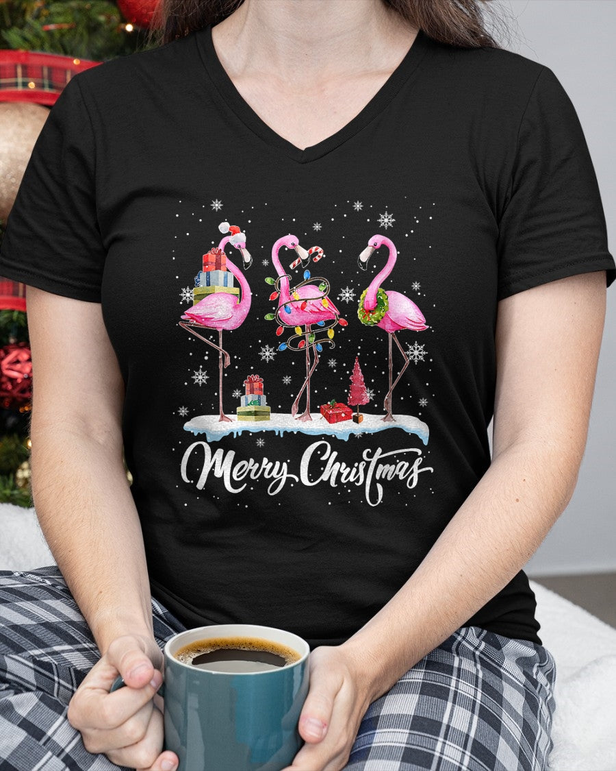 Merry Christmas Hat Santa Flamingo Light Christmas Snow Xmas T-Shirt (SKU-MRCM-19) FMA