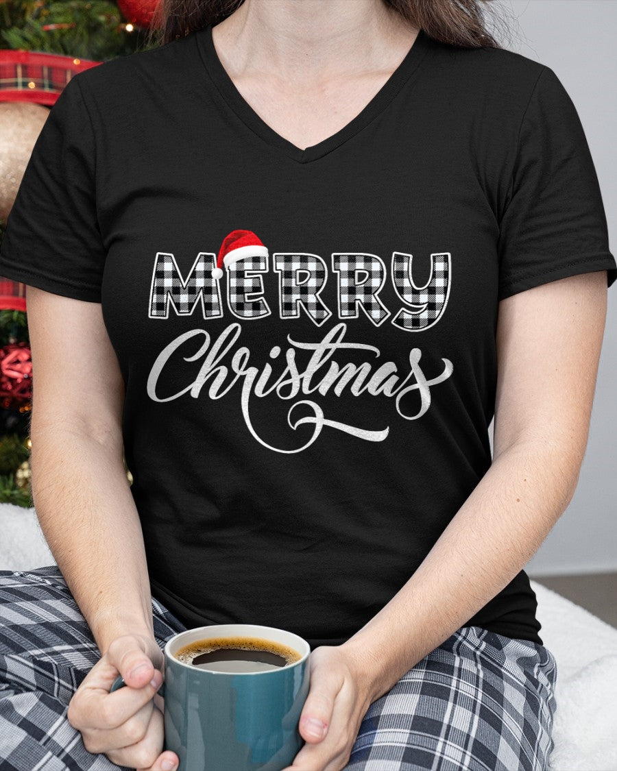 Merry Christmas Buffalo Black and White Plaid for Men Women T-Shirt (SKU-MRCM-14) FMA