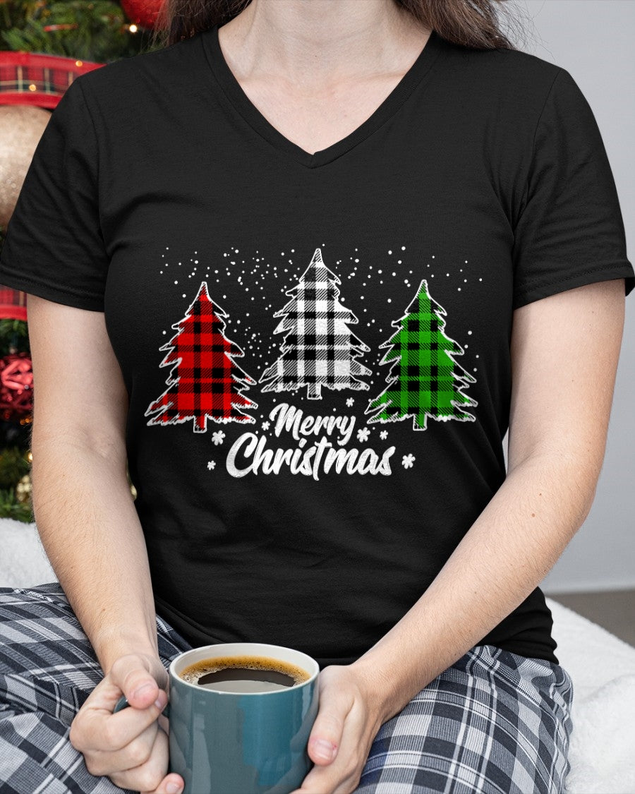 Merry Christmas Tree Xmas Buffalo Plaid Red White Green T-Shirt (SKU-MRCM-22) FMA