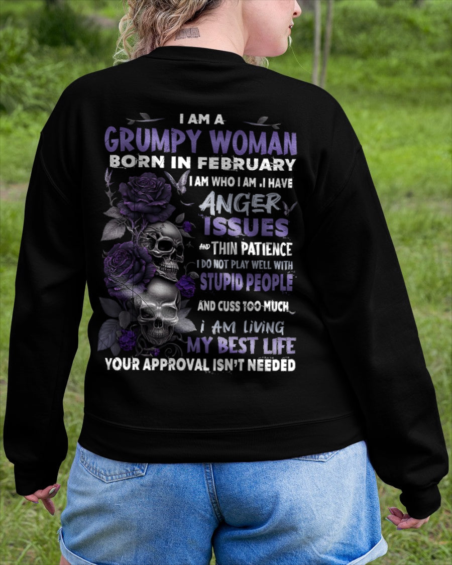 Grumpy Woman Born in February T-Shirt – Funny Skull & Rose Graphic Tee with Quotes - KATE02 FMA (SKU10-08-02)