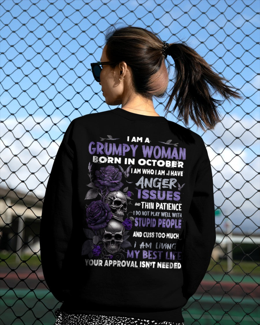 Grumpy Woman Born in October T-Shirt – Funny Skull & Rose Graphic Tee with Quotes - KATE10 FMA (SKU10-08-10)